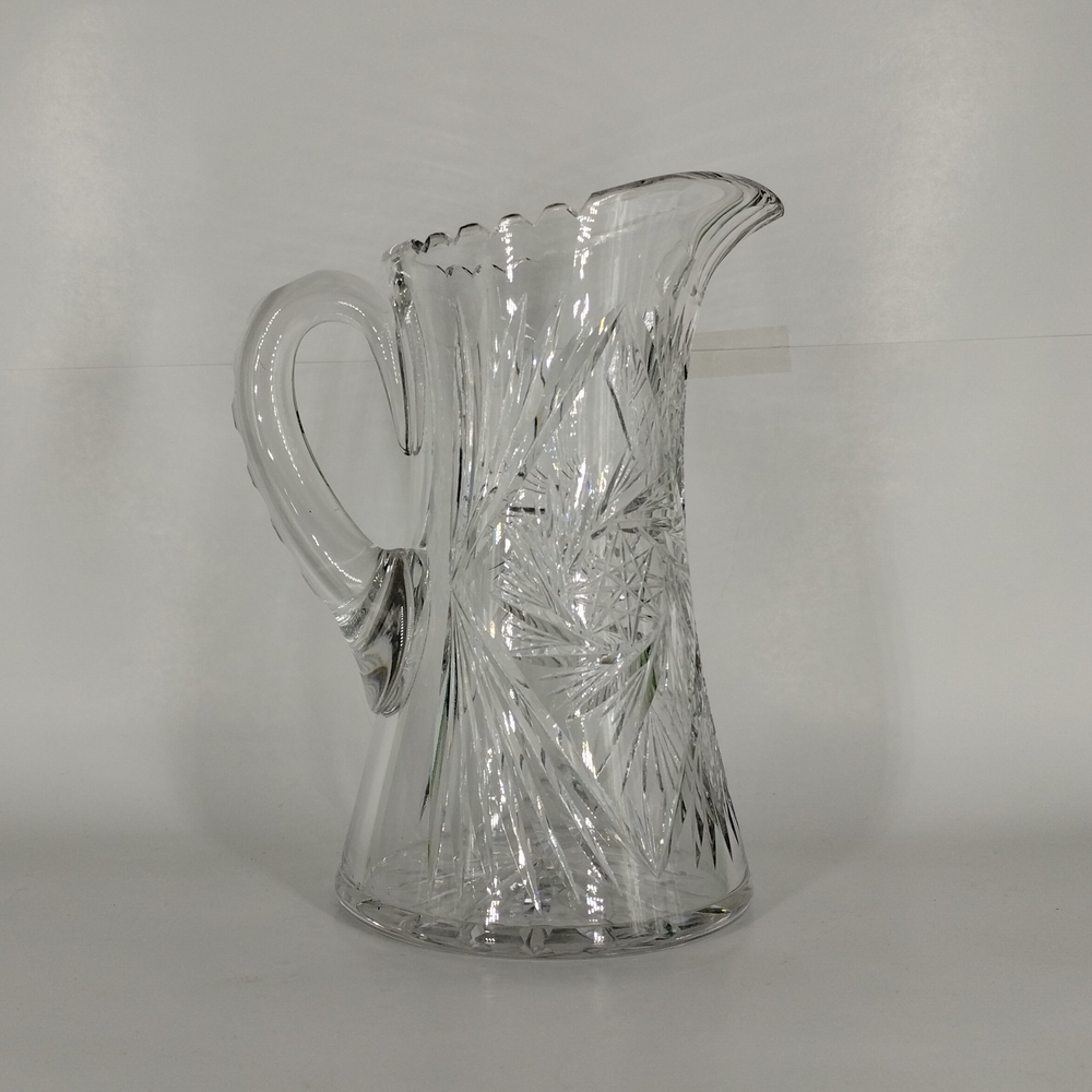 Cut Glass Pitcher 9" Heavy Vintage 8-Sided Star Cuts Rim Cuts Thumb Cuts Clear